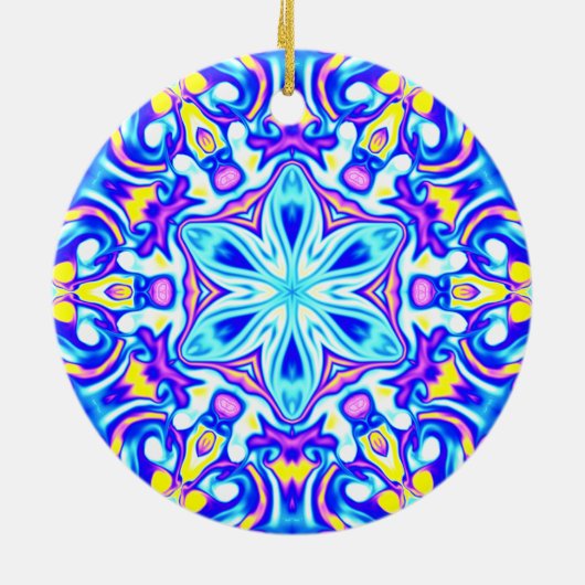 Psychedelic Mandala Blume Blau Lila und Gelb Keramik Ornament (Hinten)