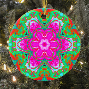 Psychedelic Mandala Blume Blau Rosa Grün und Rot Keramik Ornament