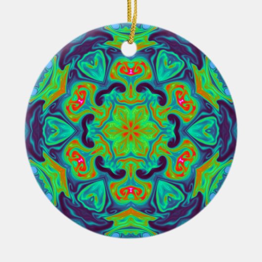 Psychedelic Mandala Blume Grün Blau und Rot Keramik Ornament (Vorne)
