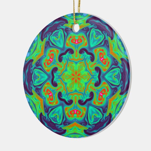 Psychedelic Mandala Blume Grün Blau und Rot Keramik Ornament (Links)