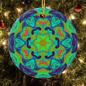Psychedelic Mandala Blume Grün Blau und Rot Keramik Ornament