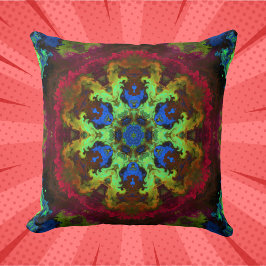 Psychedelic Mandala Blume Grün Blau und Rot Kissen