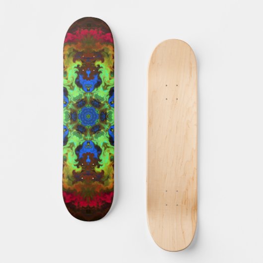Psychedelic Mandala Blume Grün Blau und Rot Skateboard (Vorderseite)