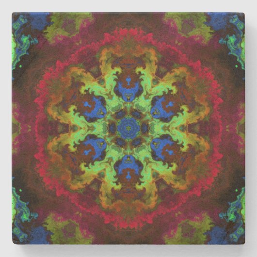 Psychedelic Mandala Blume Grün Blau und Rot Steinuntersetzer (Vorderseite)