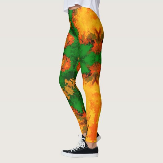 Psychedelic Mandala Blume Grün Orange und Gelb Leggings (Links)