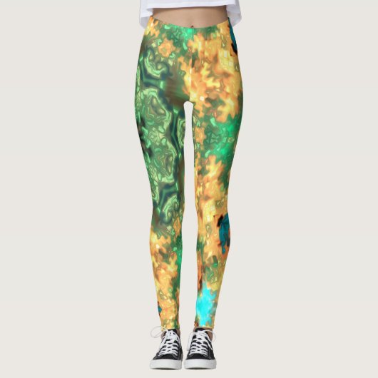 Psychedelic Mandala Blume Grün und Gelb Leggings (Vorderseite)