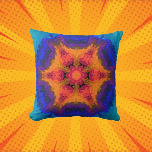 Psychedelic Mandala Blume Orange Red and Blue Kissen (Von Creator hochgeladen)
