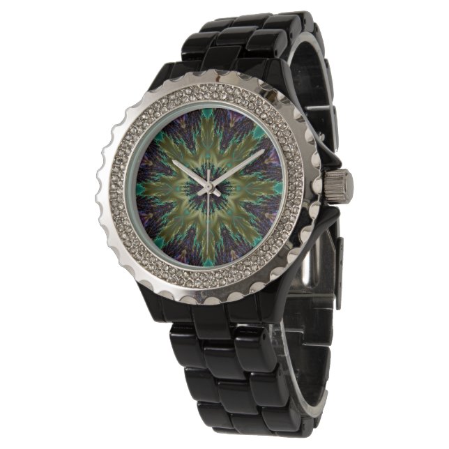 Psychedelic Mandala Retro Hippie Trippy Boho Chic Armbanduhr (Schrägansicht)