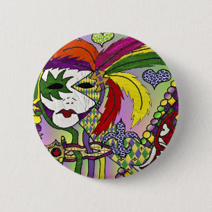 Psychedelic Mardi Gras Feather Mask Button