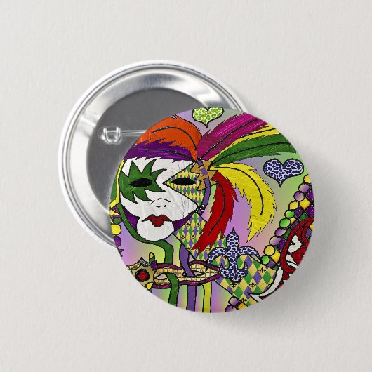 Psychedelic Mardi Gras Feather Mask Button (Vorne & Hinten)