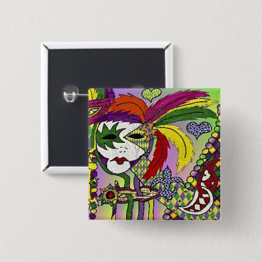 Psychedelic Mardi Gras Feather Mask Button (Vorne & Hinten)