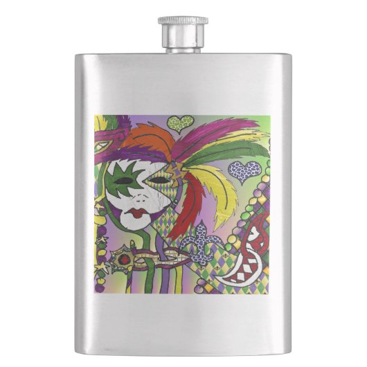 Psychedelic Mardi Gras Feather Mask Flachmann (Vorderseite)
