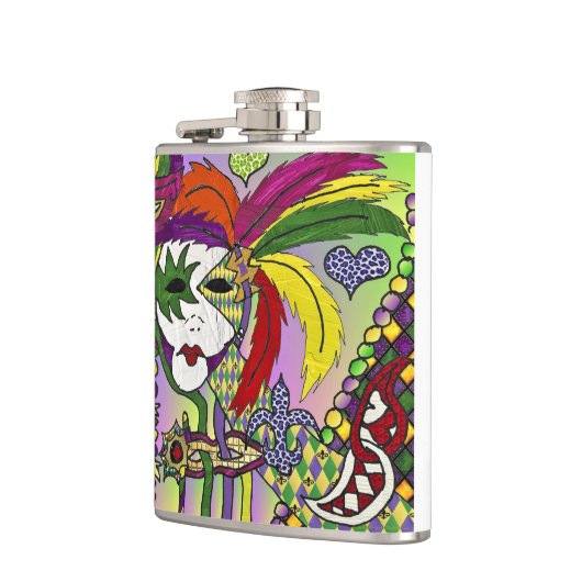 Psychedelic Mardi Gras Feather Mask Flachmann (Links)