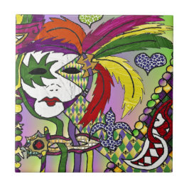 Psychedelic Mardi Gras Feather Mask Fliese