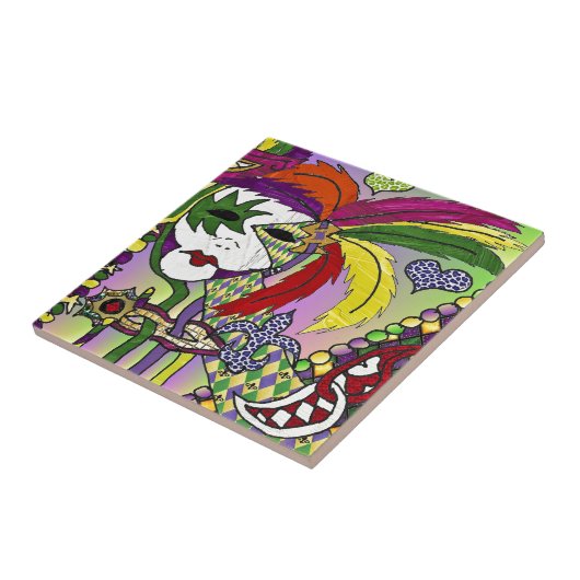 Psychedelic Mardi Gras Feather Mask Fliese (Seite)