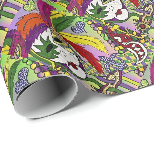 Psychedelic Mardi Gras Feather Mask Geschenkpapier (Rolleneckpunkt)