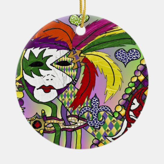 Psychedelic Mardi Gras Feather Mask Keramik Ornament (Vorne)