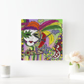 Psychedelic Mardi Gras Feather Mask Quadratische Wanduhr (Zuhause)