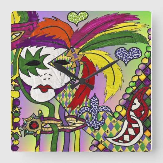 Psychedelic Mardi Gras Feather Mask Quadratische Wanduhr (Vorderseite)