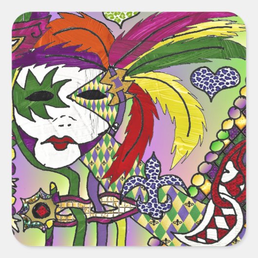 Psychedelic Mardi Gras Feather Mask Quadratischer Aufkleber (Vorderseite)