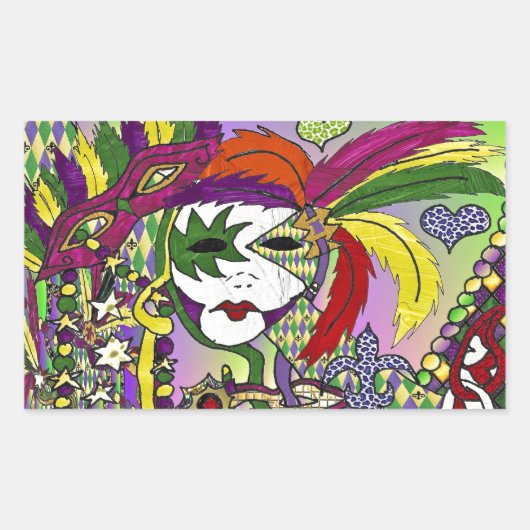 Psychedelic Mardi Gras Feather Mask Rechteckiger Aufkleber (Vorderseite)