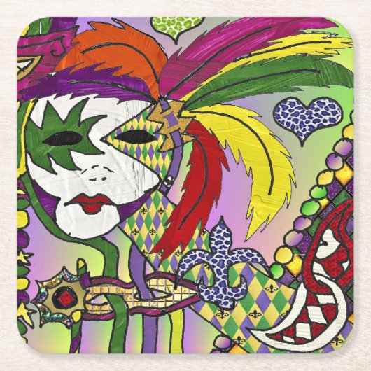 Psychedelic Mardi Gras Feather Mask Rechteckiger Pappuntersetzer (Vorderseite)