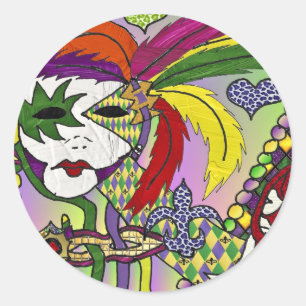 Psychedelic Mardi Gras Feather Mask Runder Aufkleber