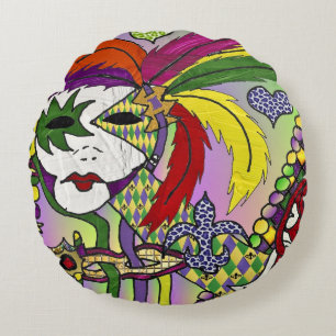 Psychedelic Mardi Gras Feather Mask Rundes Kissen