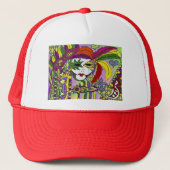 Psychedelic Mardi Gras Feather Mask Truckerkappe (Vorderseite)