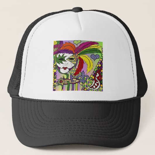 Psychedelic Mardi Gras Feather Mask Truckerkappe (Vorderseite)