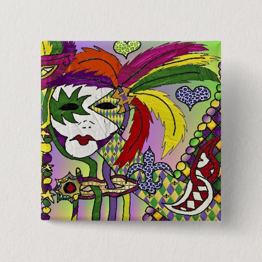 Psychedelic Mardi Gras Feather Masken Geschenke Ap Button (Vorderseite)