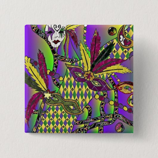 Psychedelic Mardi Gras Feather Masken Geschenke Ap Button (Vorderseite)