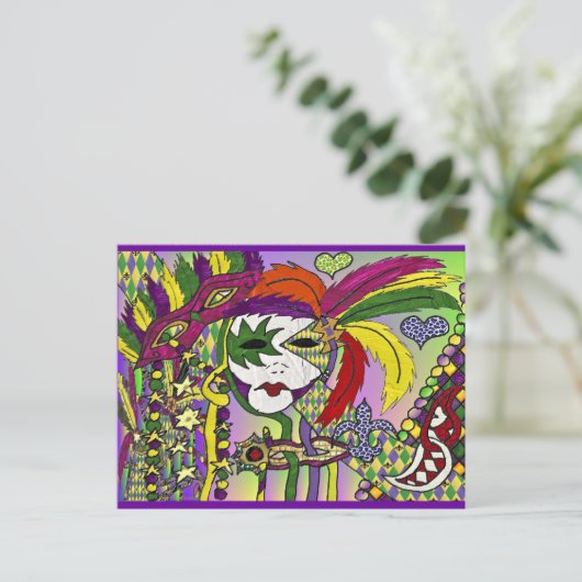Psychedelic Mardi Gras Feather Masken Geschenke Ap Postkarte (Stehend Vorderseite)