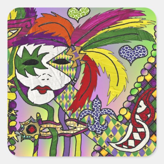 Psychedelic Mardi Gras Feather Masken Geschenke Ap Quadratischer Aufkleber (Vorderseite)