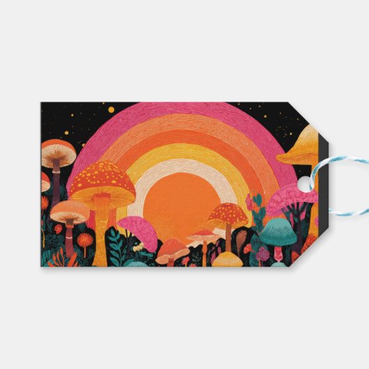 Psychedelic Mushroom Sunset – Retro Fantasy Nature Geschenkanhänger (Vorderseite (Horizontal))
