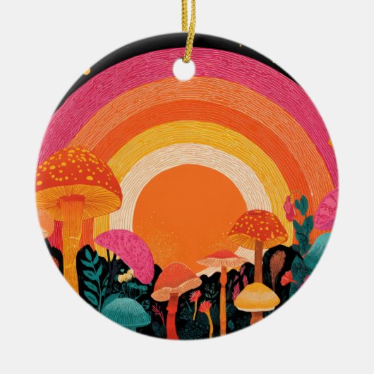 Psychedelic Mushroom Sunset – Retro Fantasy Nature Keramik Ornament (Vorne)