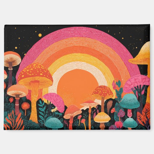 Psychedelic Mushroom Sunset – Retro Fantasy Nature Magnet (Vorderseite)
