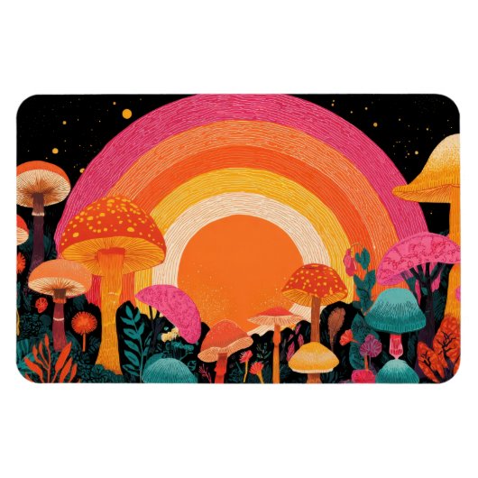 Psychedelic Mushroom Sunset – Retro Fantasy Nature Magnet (Horizontal)