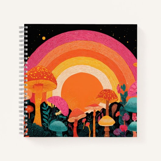 Psychedelic Mushroom Sunset – Retro Fantasy Nature Notizblock (Vorderseite)