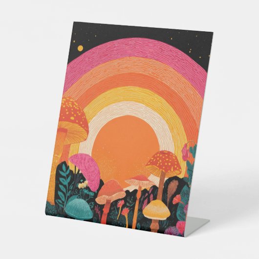 Psychedelic Mushroom Sunset – Retro Fantasy Nature Sockelschild (Vorderseite)