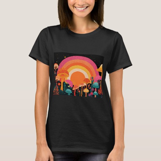 Psychedelic Mushroom Sunset – Retro Fantasy Nature T-Shirt (Vorderseite)