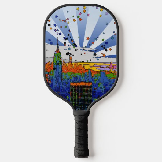 Psychedelic NYC: ESB-weite Skyline-Ansicht Pickleball Schläger (Vorderseite)