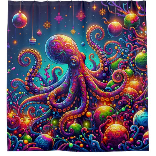 "Psychedelic Octopus Christmas Wonderland" Duschvorhang (Vorderseite)