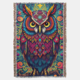 🌈 Psychedelic Owl Comfort – Boho Animal Throw Art Decke