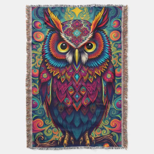 🌈 Psychedelic Owl Comfort – Boho Animal Throw Art Decke (Vorderseite Vertikal)