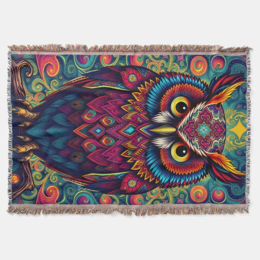 🌈 Psychedelic Owl Comfort – Boho Animal Throw Art Decke (Vorderseite)