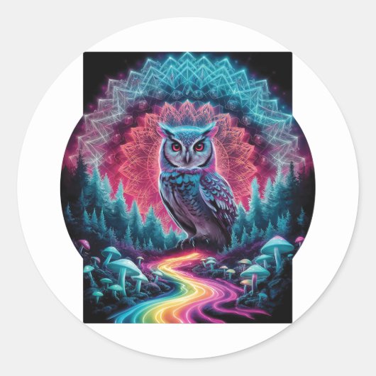Psychedelic Owl Mandala - Trippy Forest Art Runder Aufkleber (Vorderseite)