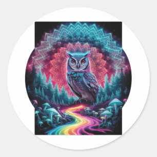 Psychedelic Owl Mandala - Trippy Forest Art Runder Aufkleber