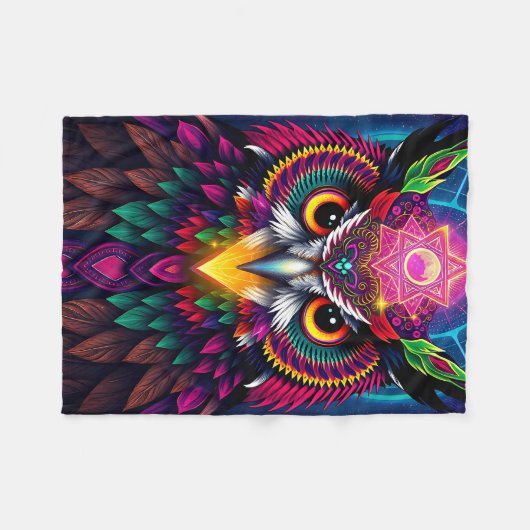 Psychedelic Owl: Neon Mandala Art Fleecedecke (Vorderseite (Horizontal))