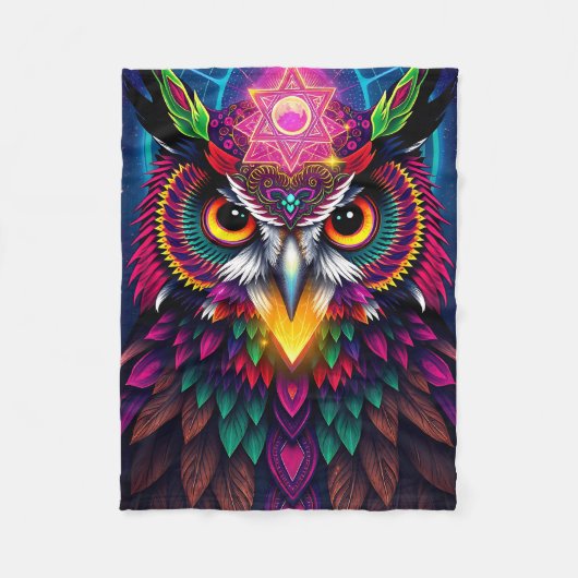 Psychedelic Owl: Neon Mandala Art Fleecedecke (Vorderseite)